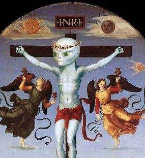 Raphael’s “Mond Crucifixion” painting is modified to show an alien-headed Jesus on the cross