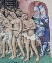 Naked Cathars are expelled from a castle door by knights