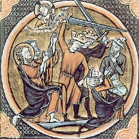 Two men wearing crowns swing swords toward kneeling men
