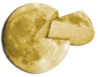 A moon made of cheese is cut, and a wedge is pulled away